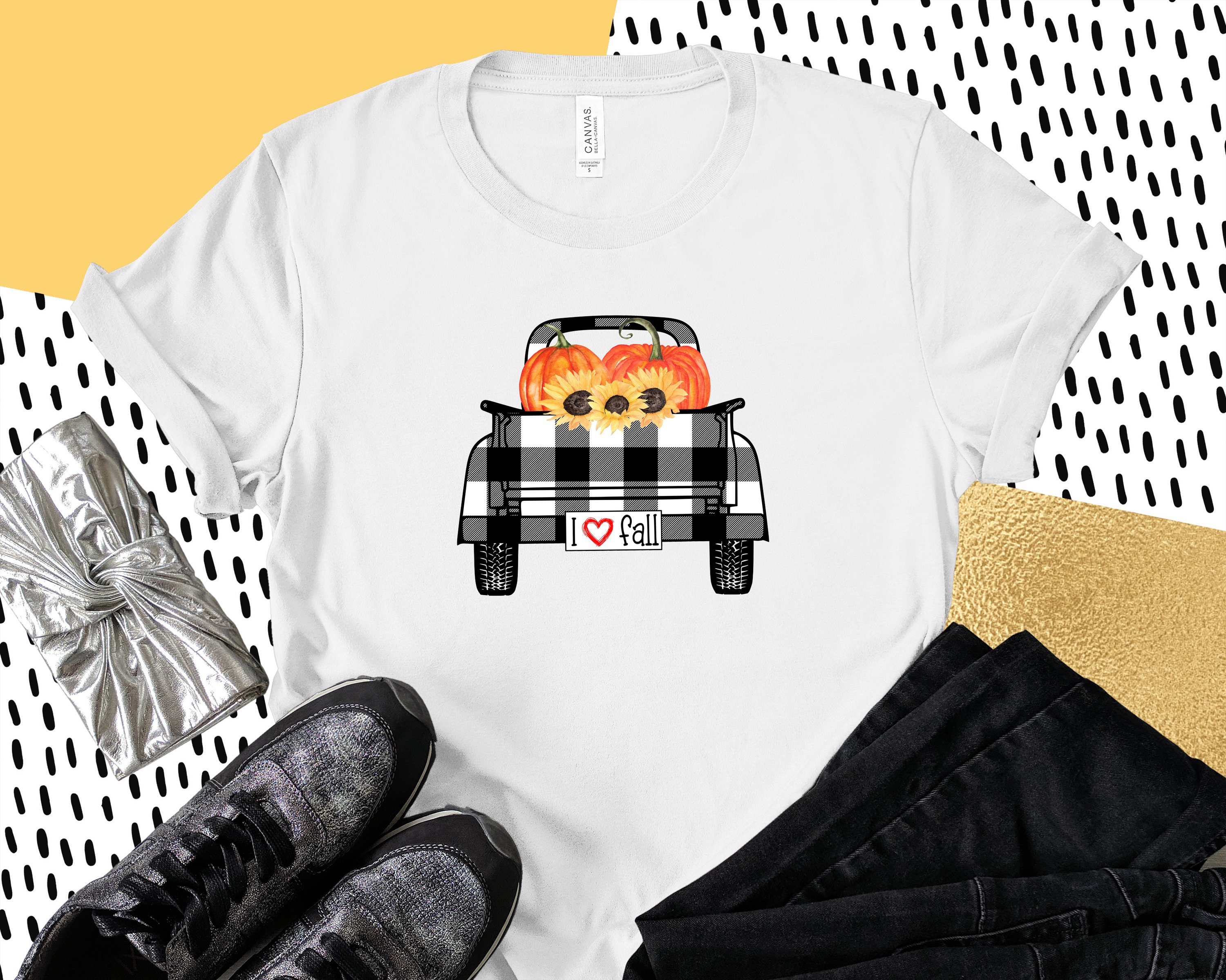 I Love Fall Plaid Truck Tee featuring a colorful plaid truck design, perfect for autumn wear.