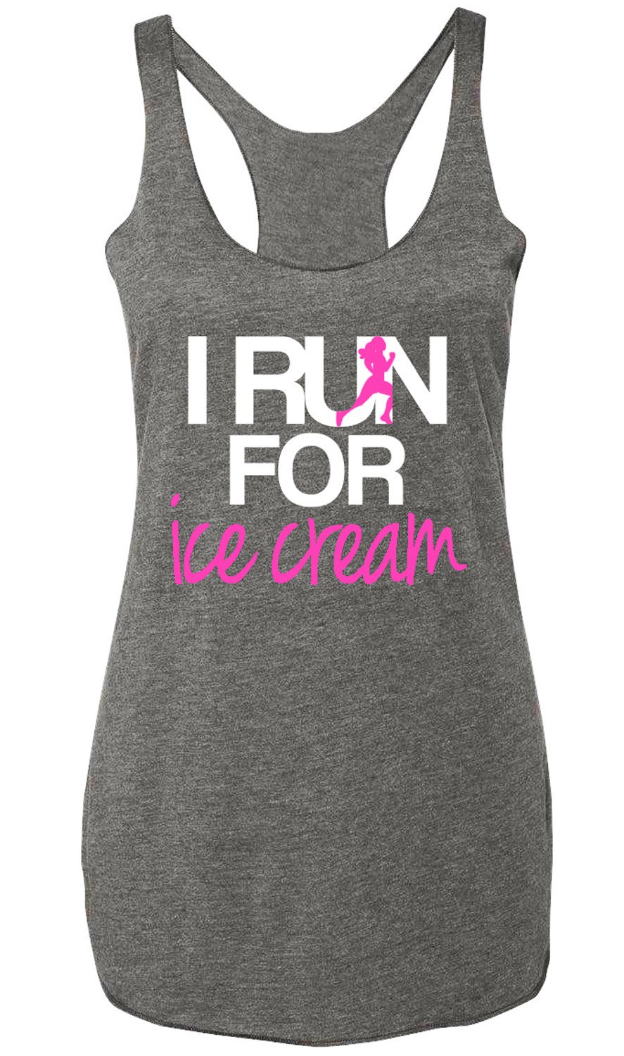 Heather gray tank top with pink and white print, featuring the phrase 'I RUN for Ice Cream', perfect for ice cream lovers.