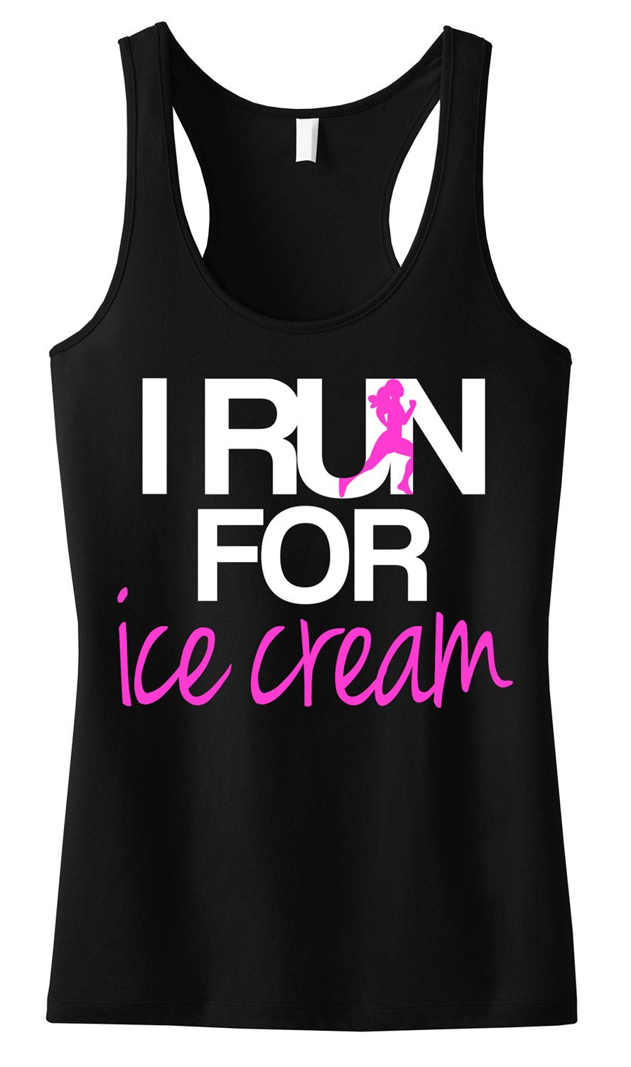 Black racerback tank top with pink and white ice cream print, perfect for workouts and casual wear.