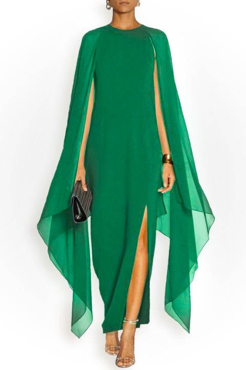 Elegant green Ileana women's dress featuring a round collar and stylish cutout.