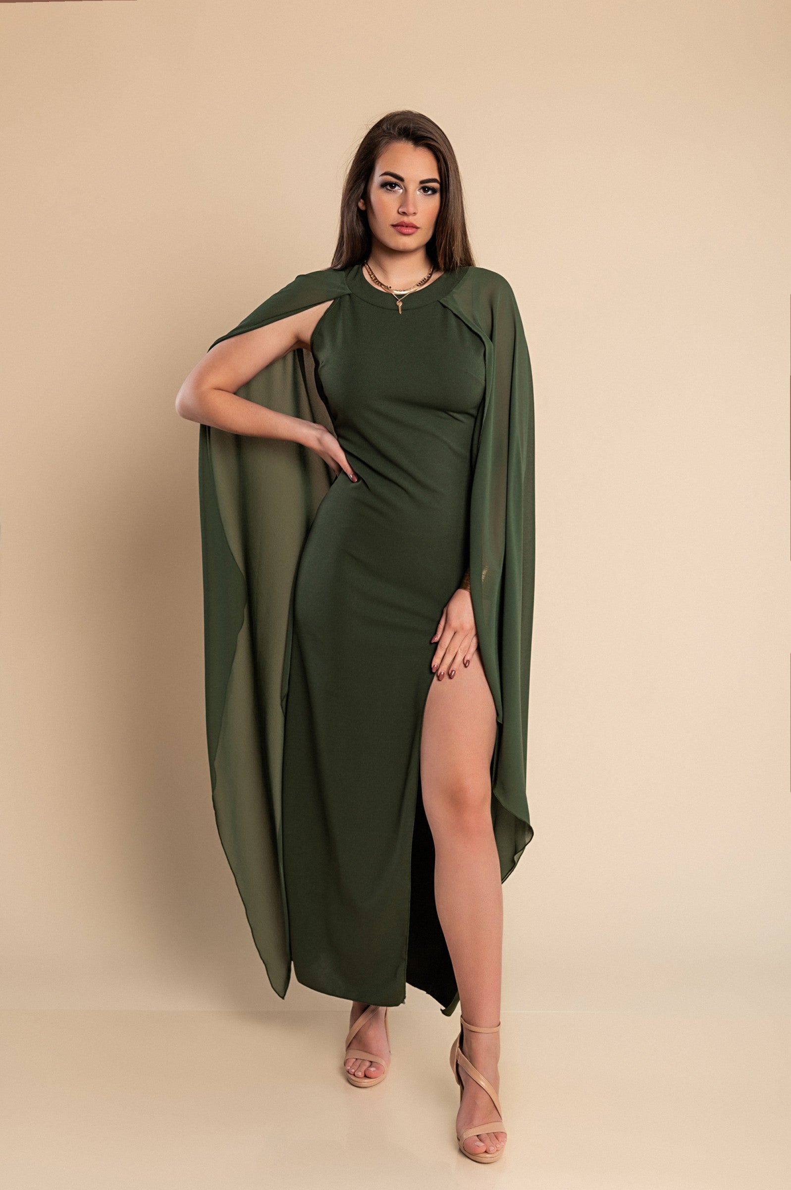 Ileana women's olive dress featuring a round collar and side cutout design, made from soft fabric with a hidden back zipper.