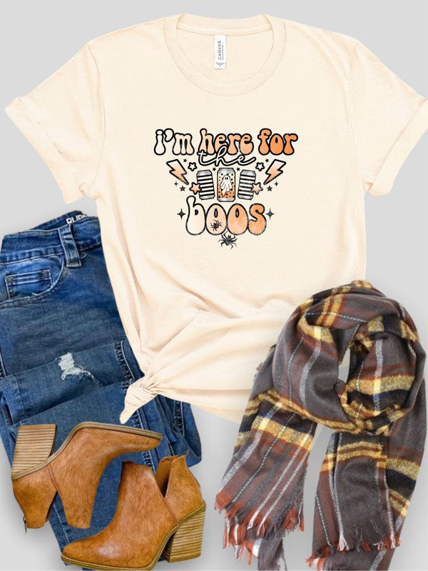 I'm Here for the Boos Crew Neck Tee in black with white text, showcasing a fun Halloween theme.