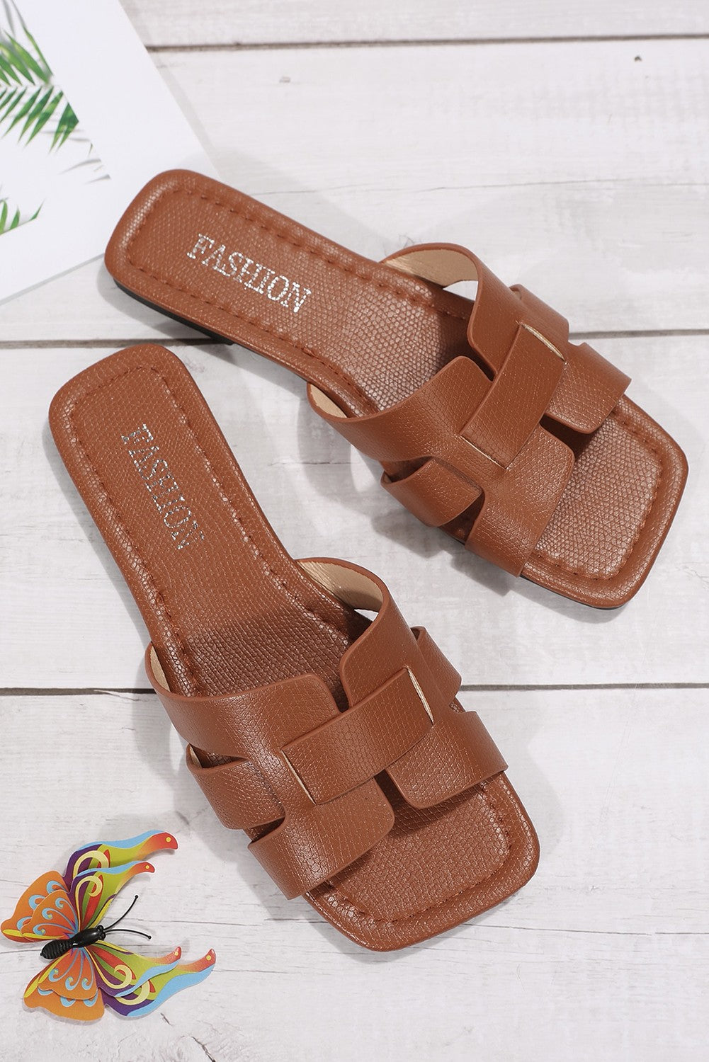 Brown imitation leather sandals with a wide instep strap and square toe design, perfect for comfort and style.