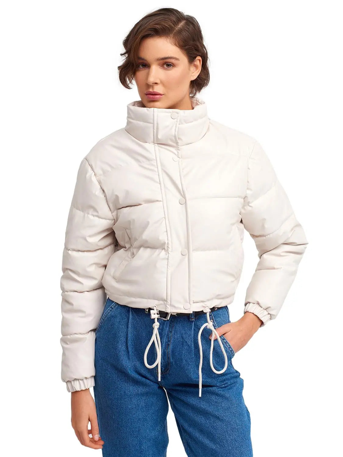 A stylish inflatable coat made from polyester and polyurethane, showcasing its lightweight and water-resistant features.