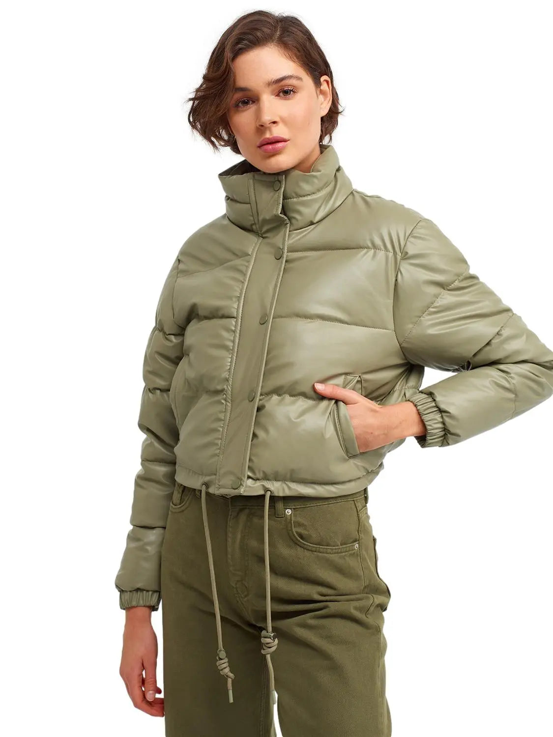 A stylish inflatable coat made from polyester and polyurethane, showcasing its lightweight and water-resistant features.