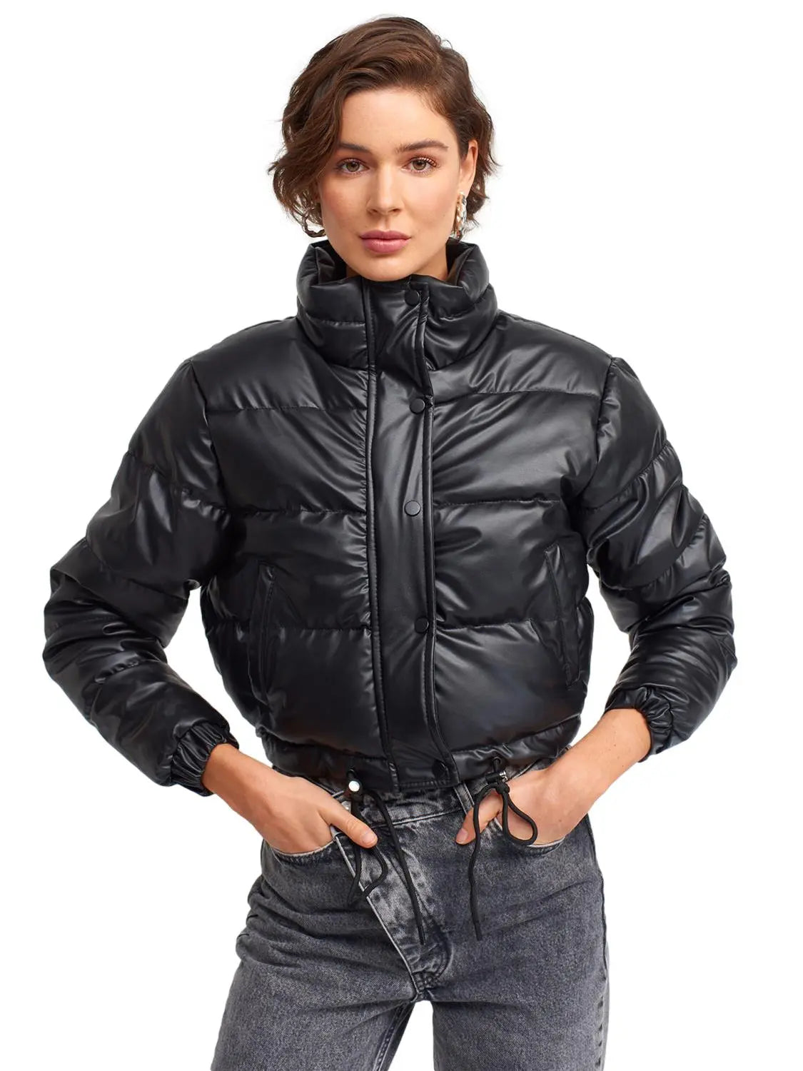 A stylish inflatable coat made from polyester and polyurethane, showcasing its lightweight and water-resistant features.