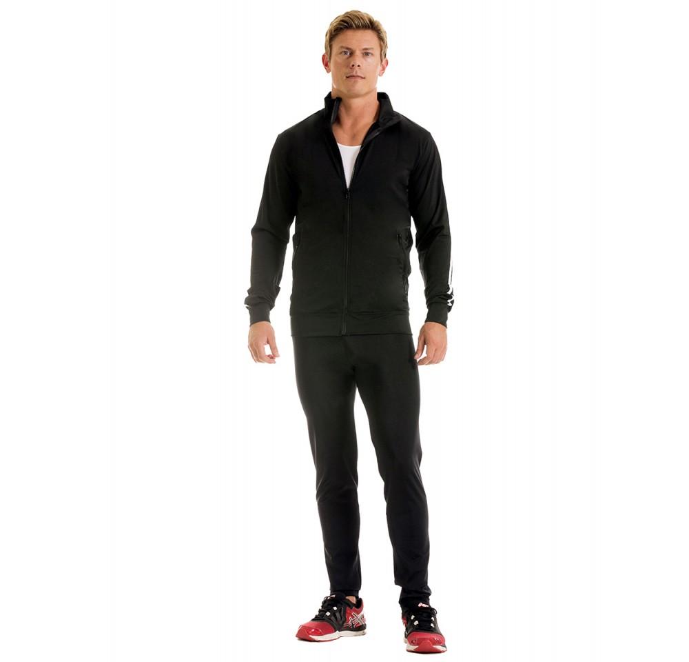 Insta Slim Compression Activewear Zip Up Jacket MA0011 in black with contrasting shoulder stripes, showcasing its stylish design and zippered pockets.