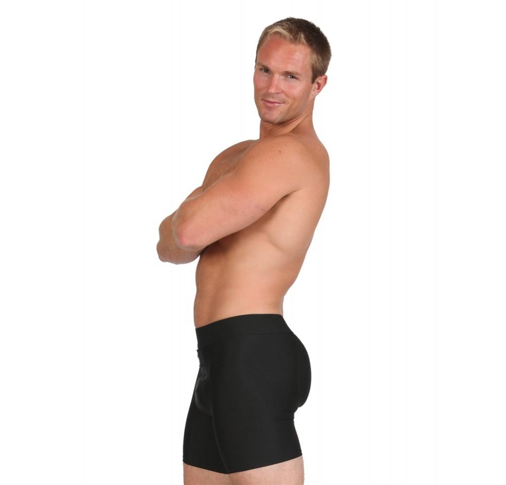 Insta Slim Compression Padded Butt Enhancer Boxer Briefs featuring removable pads for a lifted look, made from a blend of nylon and spandex.