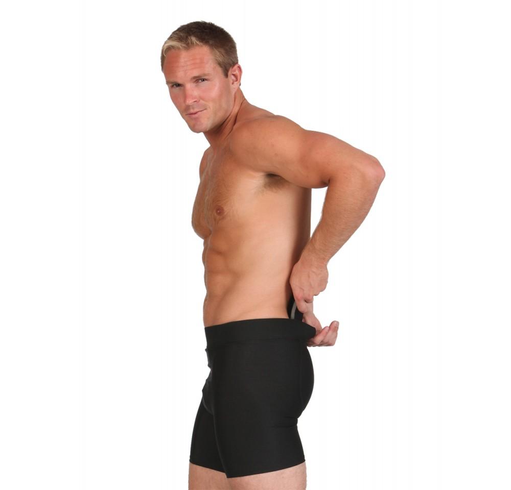 Insta Slim Compression Padded Butt Enhancer Boxer Briefs featuring removable pads for a lifted look, made from a blend of nylon and spandex.