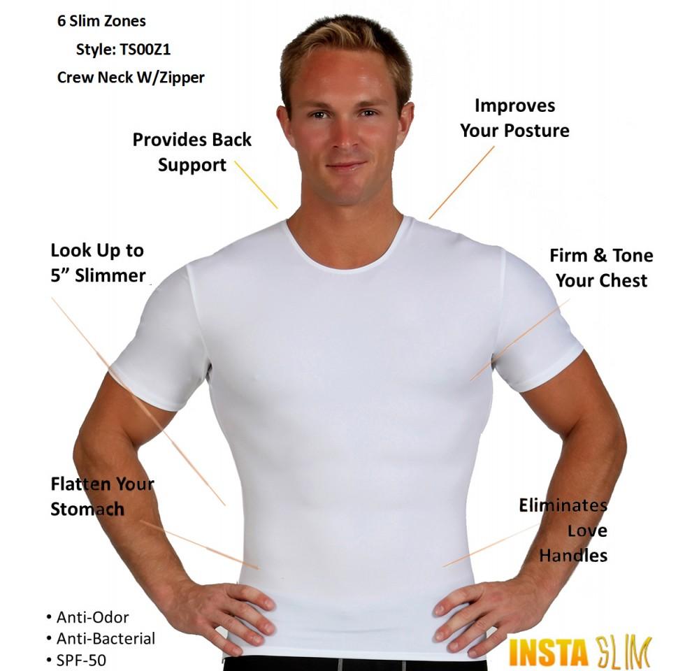 Insta Slim High Compression Crew Neck Shirt TS00Z1, featuring a side zipper and made from a blend of nylon and spandex for comfort and support.