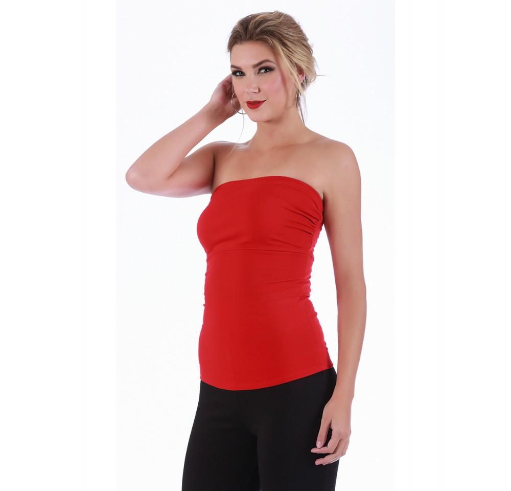 A stylish InstantFigure Bandeau Top in a vibrant color, showcasing its strapless design and stretch fabric, perfect for summer outfits.