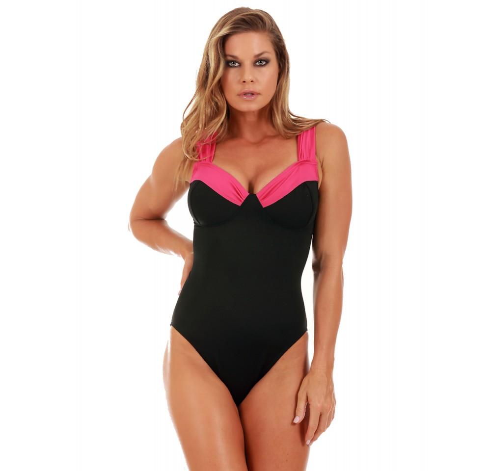 A stylish black InstantFigure Contrast Trim One-Piece Swimsuit featuring a flattering design with contrast trim and interlocking straps.