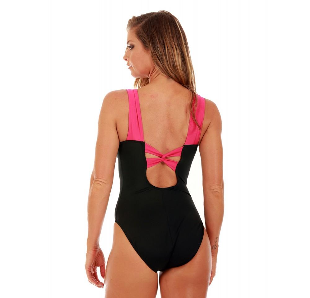 A stylish black InstantFigure Contrast Trim One-Piece Swimsuit featuring a flattering design with contrast trim and interlocking straps.