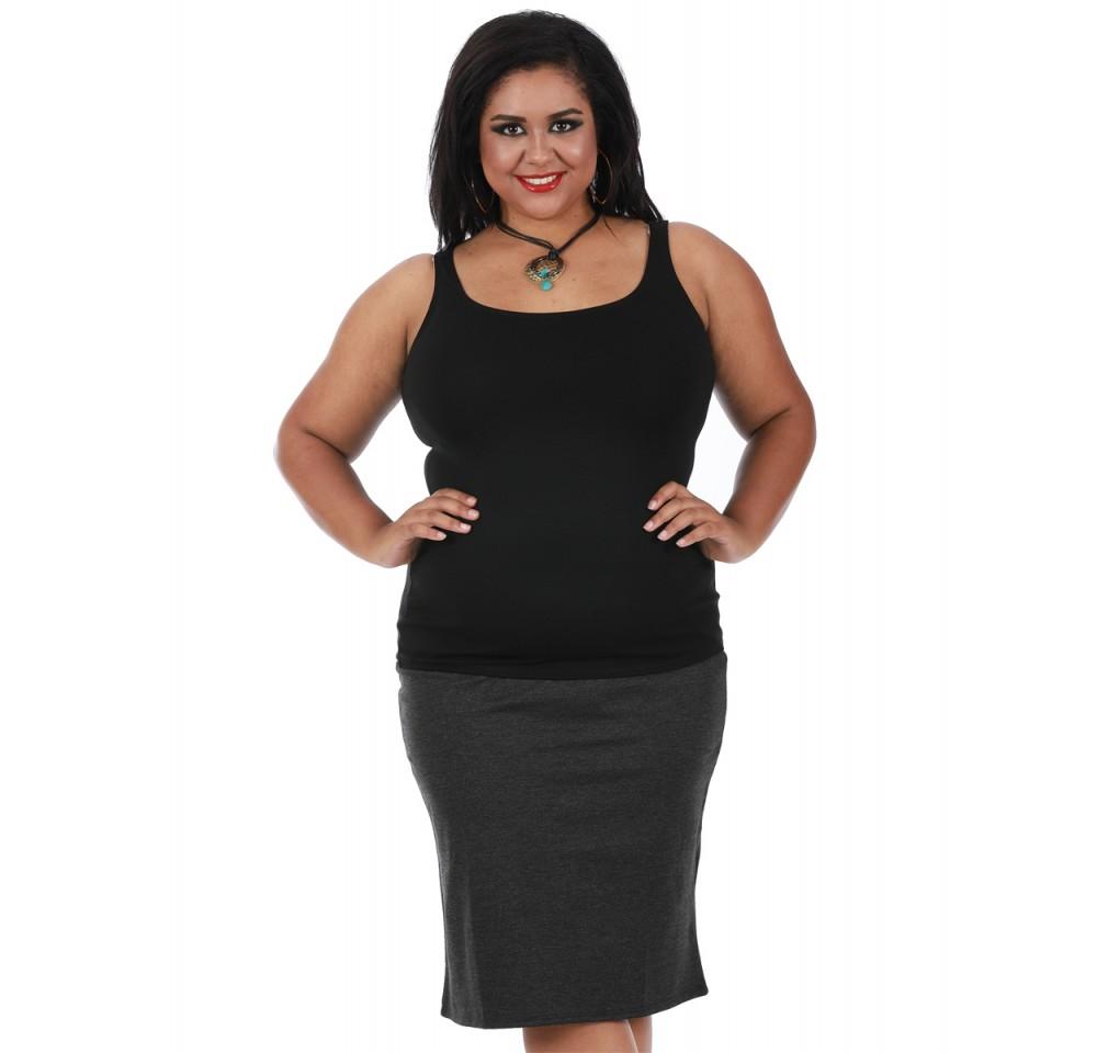 InstantFigure Curvy Plus Size Short Pencil Skirt in black, featuring a curve-hugging silhouette and elastic waist, perfect for various occasions.