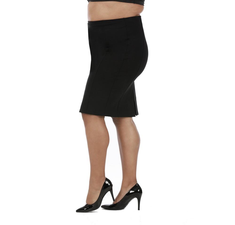 InstantFigure Curvy Plus Size Short Pencil Skirt in black, featuring a curve-hugging silhouette and elastic waist, perfect for various occasions.