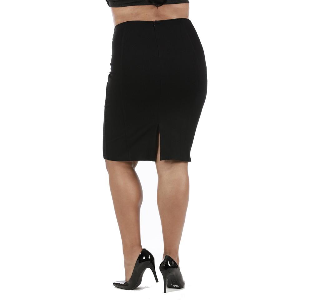 InstantFigure Curvy Plus Size Short Pencil Skirt in black, featuring a curve-hugging silhouette and elastic waist, perfect for various occasions.