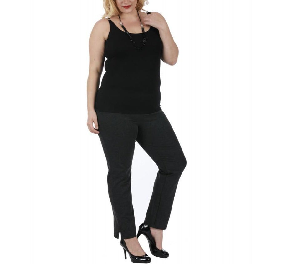 InstantFigure Curvy Plus Size Straight Leg Pant with Slit, featuring a mid-rise waistband, slim fit, and stylish side slits, perfect for day-to-night wear.