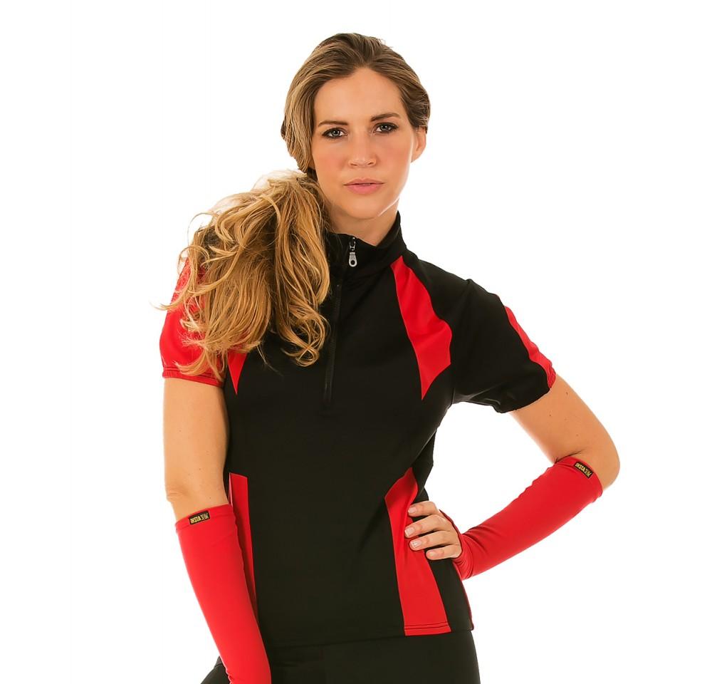 InstantFigure Cycling Compression Shirt in black with colorful accents, featuring back pockets for storage and a quarter zip front.