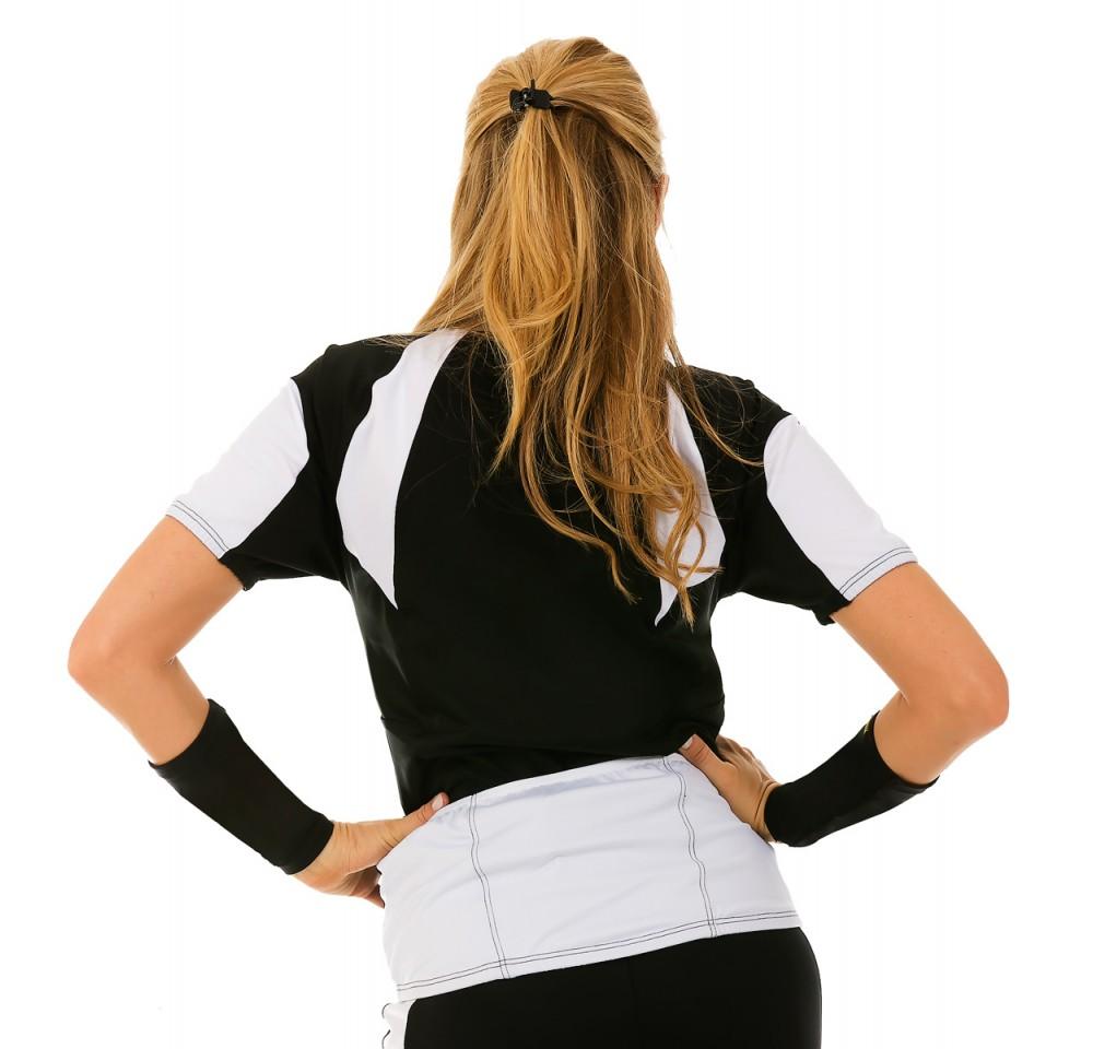 InstantFigure Cycling Compression Shirt in black with colorful accents, featuring back pockets for storage and a quarter zip front.