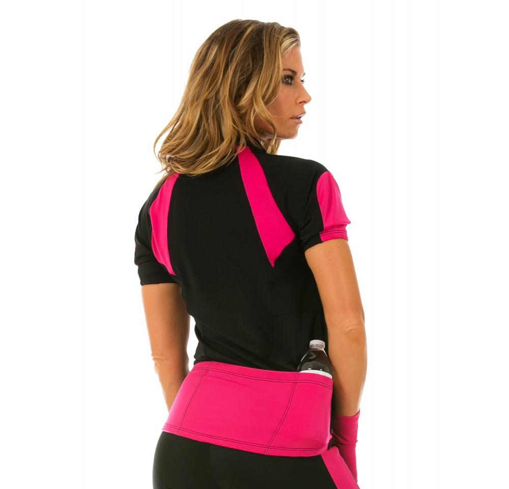 InstantFigure Cycling Compression Shirt in black with colorful accents, featuring back pockets for storage and a quarter zip front.