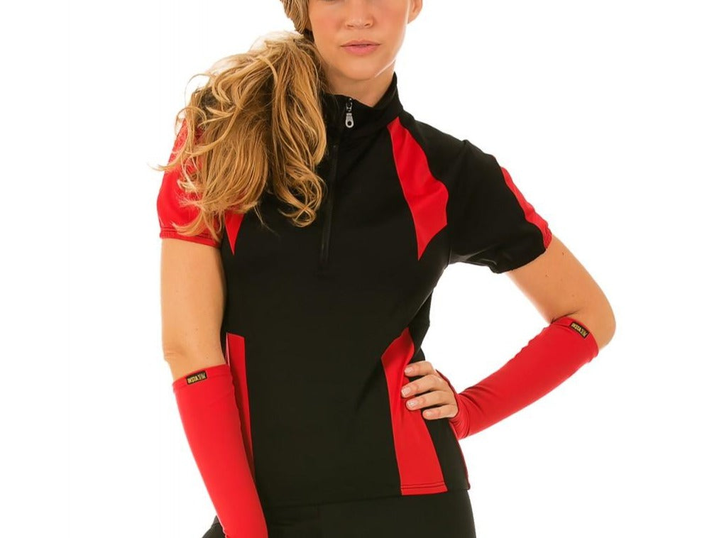 InstantFigure Cycling Compression Shirt in black with colorful accents, featuring back pockets for storage and a quarter zip front.