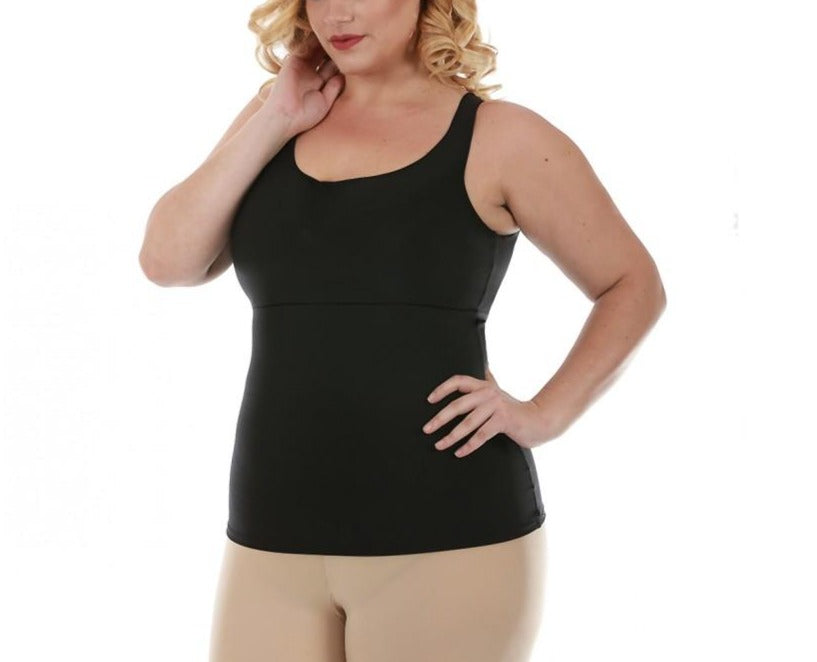 InstantFigure Plus Size Empire Seam Tank Top in black, showcasing its scoop front and back design, ideal for a flattering fit.