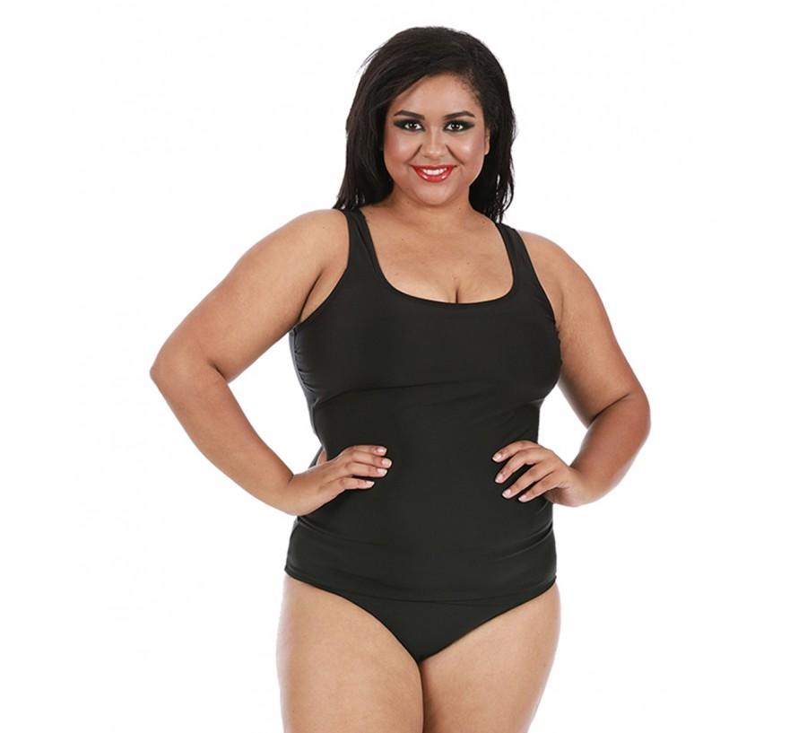 InstantFigure Plus Size Swimwear Tankini Top in black, featuring thick straps and a square neckline for support and style.