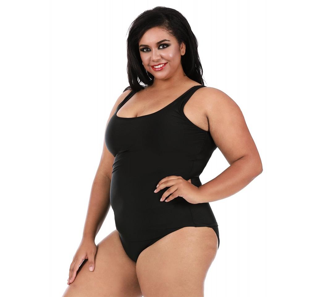 InstantFigure Plus Size Swimwear Tankini Top in black, featuring thick straps and a square neckline for support and style.