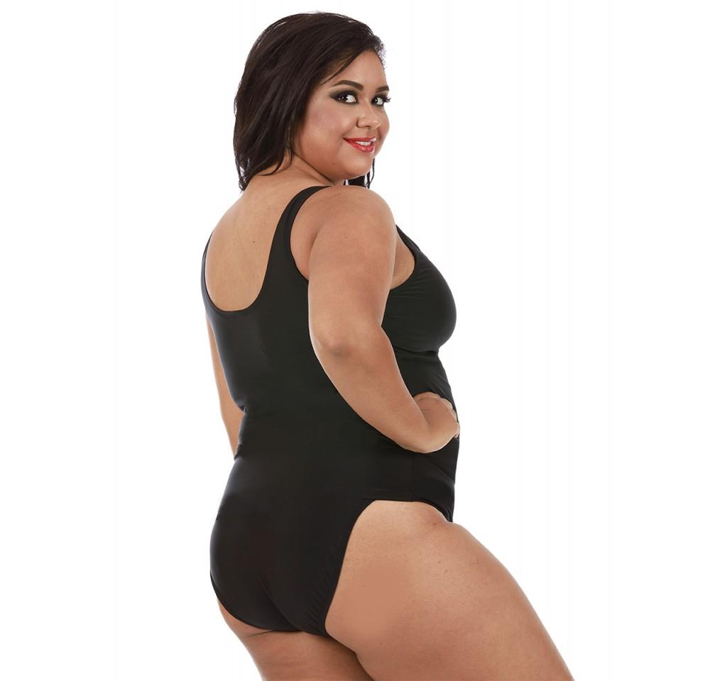 InstantFigure Plus Size Swimwear Tankini Top in black, featuring thick straps and a square neckline for support and style.