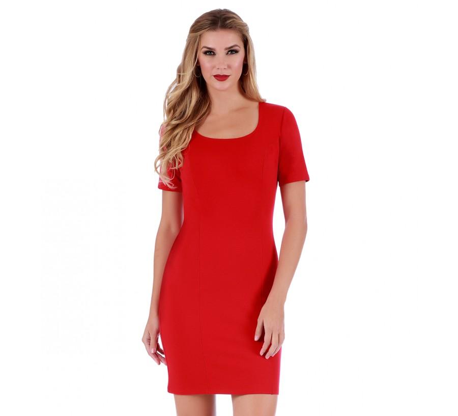 InstantFigure short dress featuring a squared neckline and short sleeves, designed with same color panels and a hidden back zipper.