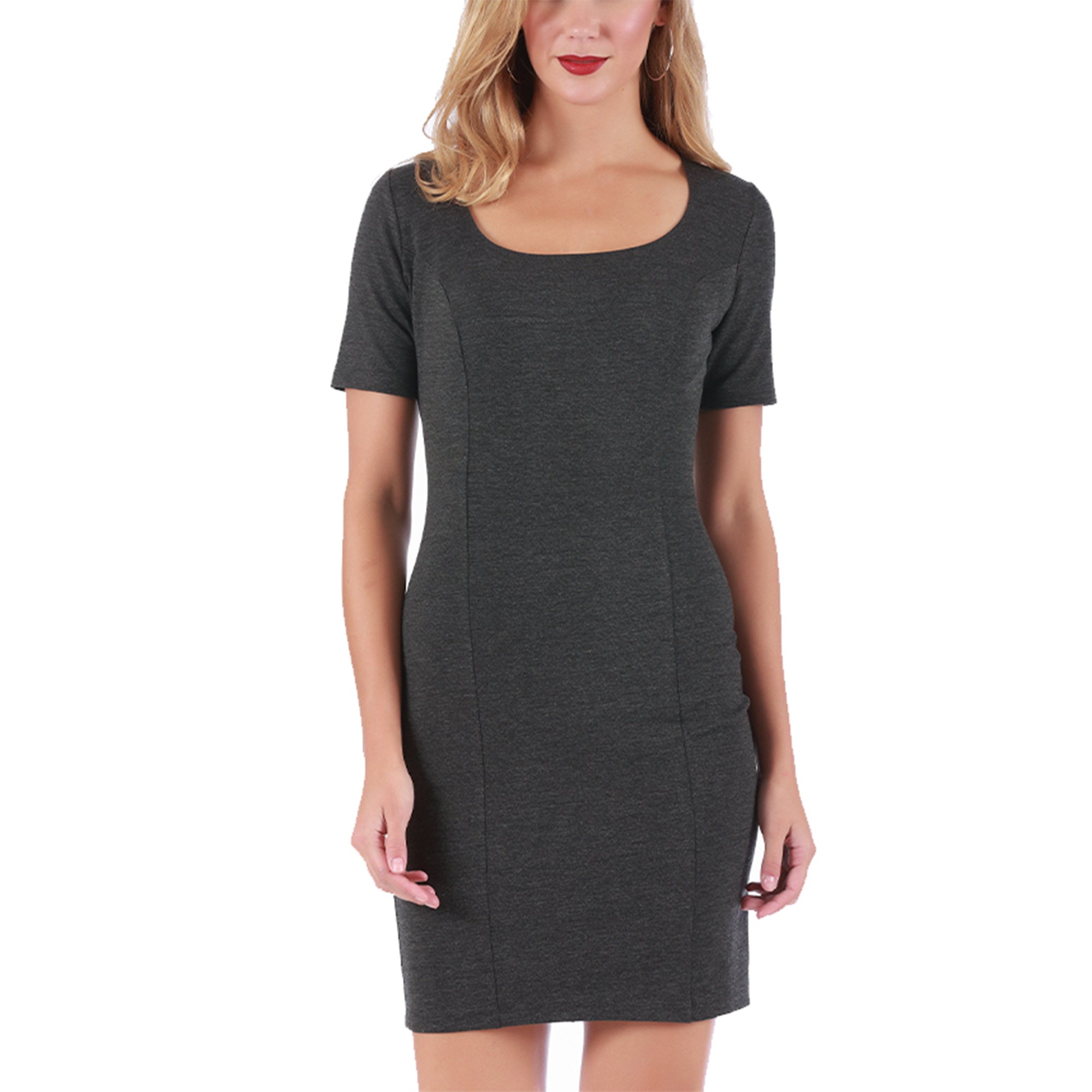 InstantFigure short dress featuring a squared neckline and short sleeves, designed with same color panels and a hidden back zipper.