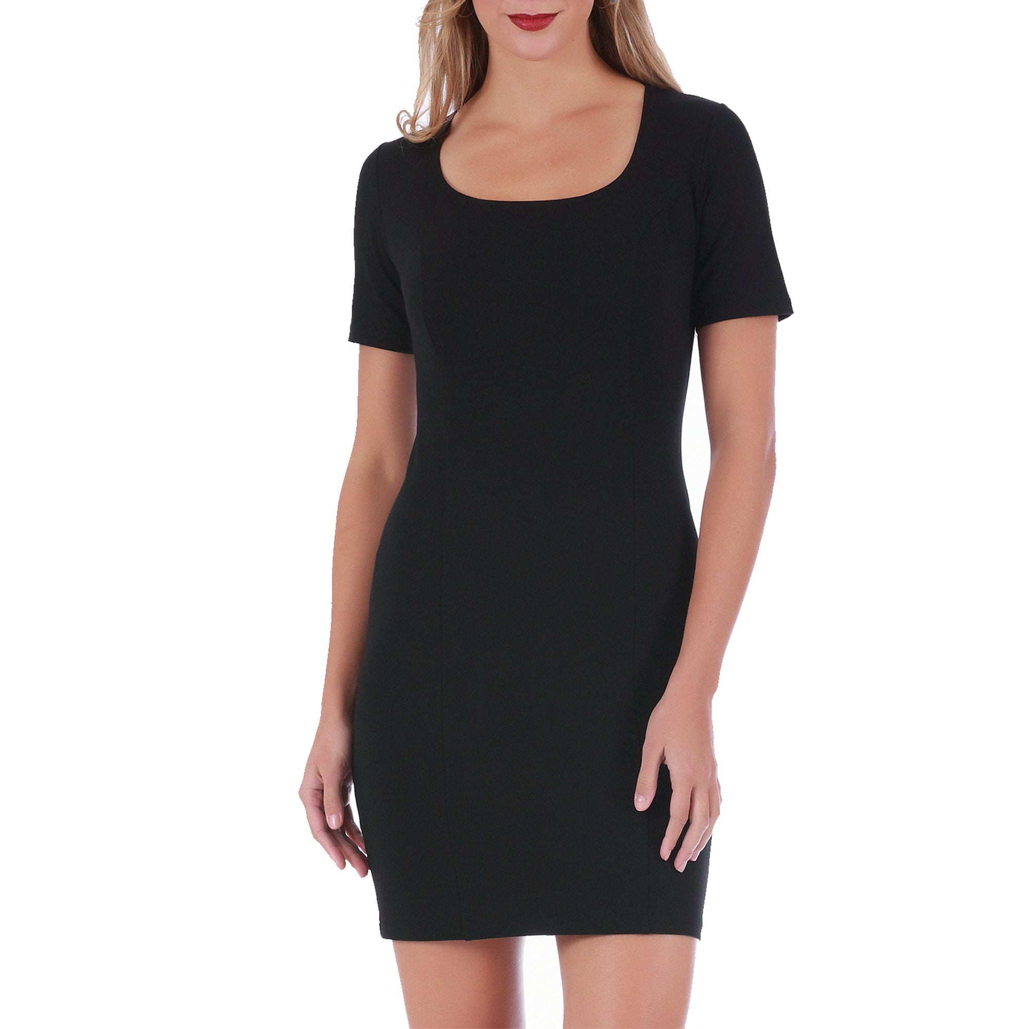 InstantFigure short dress featuring a squared neckline and short sleeves, designed with same color panels and a hidden back zipper.