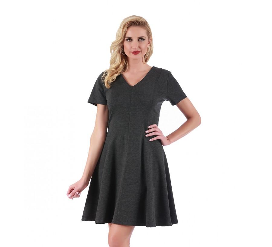 InstantFigure Short V-neck flared skirt panel dress featuring a fitted top, flared skirt, and hidden back zipper, perfect for stylish occasions.