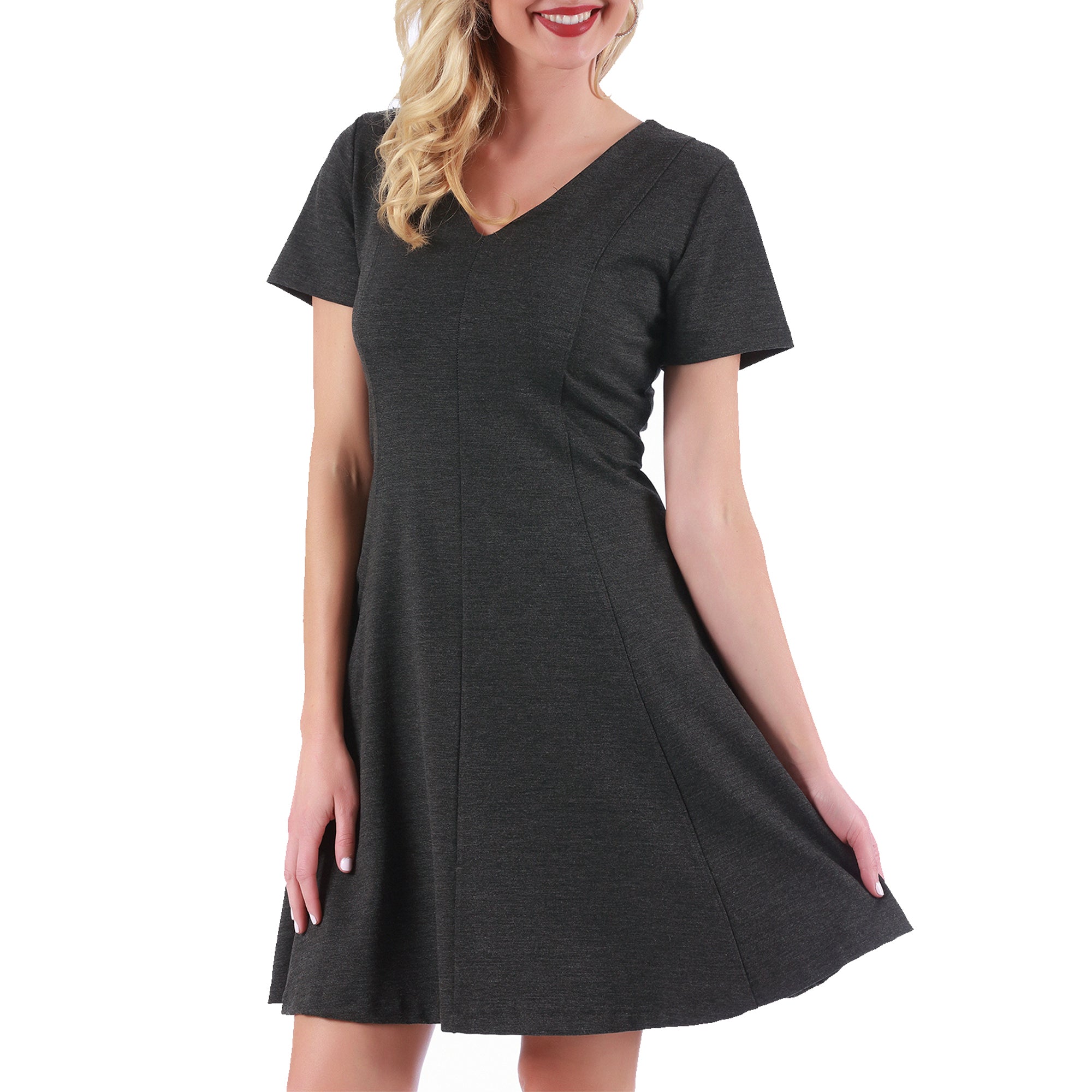 InstantFigure Short V-neck flared skirt panel dress featuring a fitted top, flared skirt, and hidden back zipper, perfect for stylish occasions.