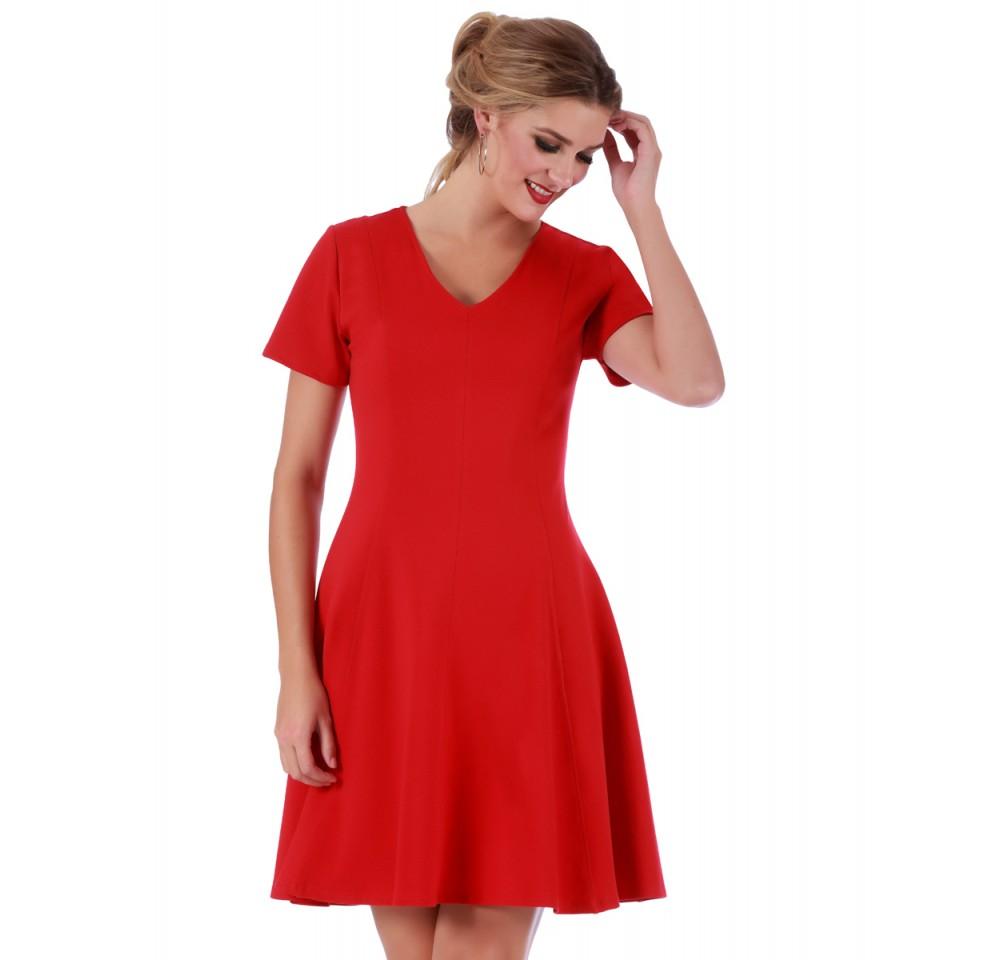 InstantFigure Short V-neck flared skirt panel dress featuring a fitted top, flared skirt, and hidden back zipper, perfect for stylish occasions.