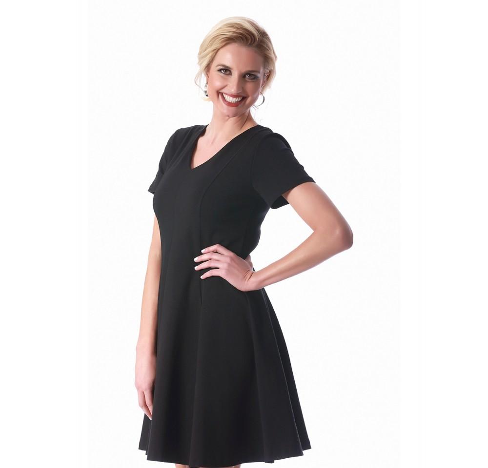 InstantFigure Short V-neck flared skirt panel dress featuring a fitted top, flared skirt, and hidden back zipper, perfect for stylish occasions.