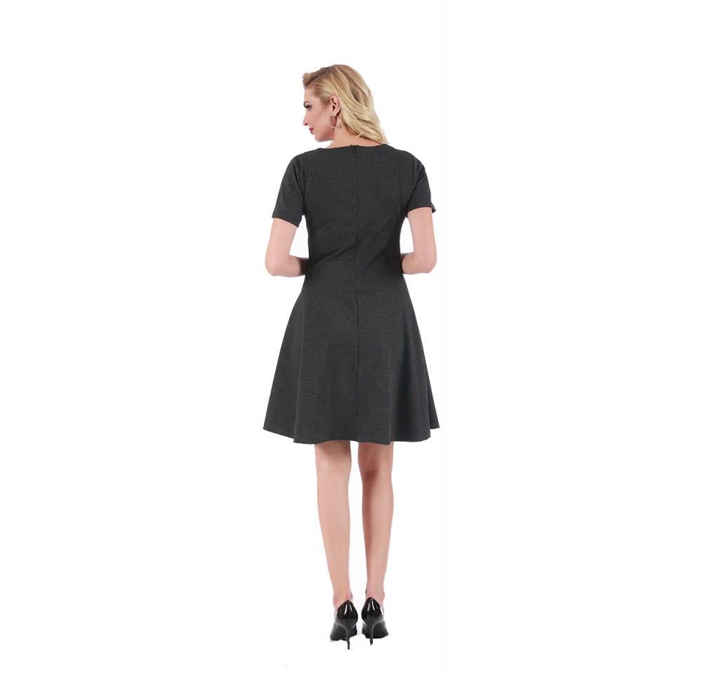 InstantFigure Short V-neck flared skirt panel dress featuring a fitted top, flared skirt, and hidden back zipper, perfect for stylish occasions.