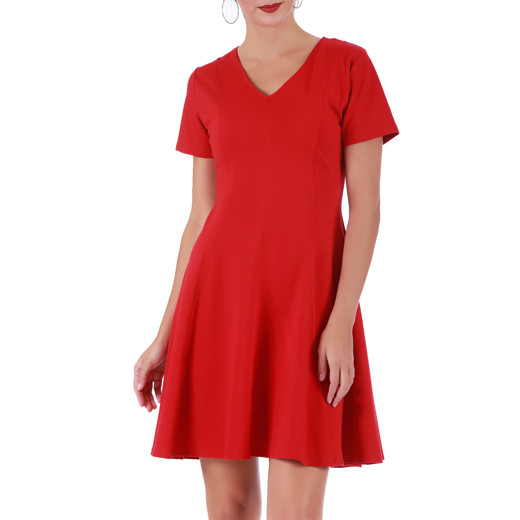 InstantFigure Short V-neck flared skirt panel dress featuring a fitted top, flared skirt, and hidden back zipper, perfect for stylish occasions.