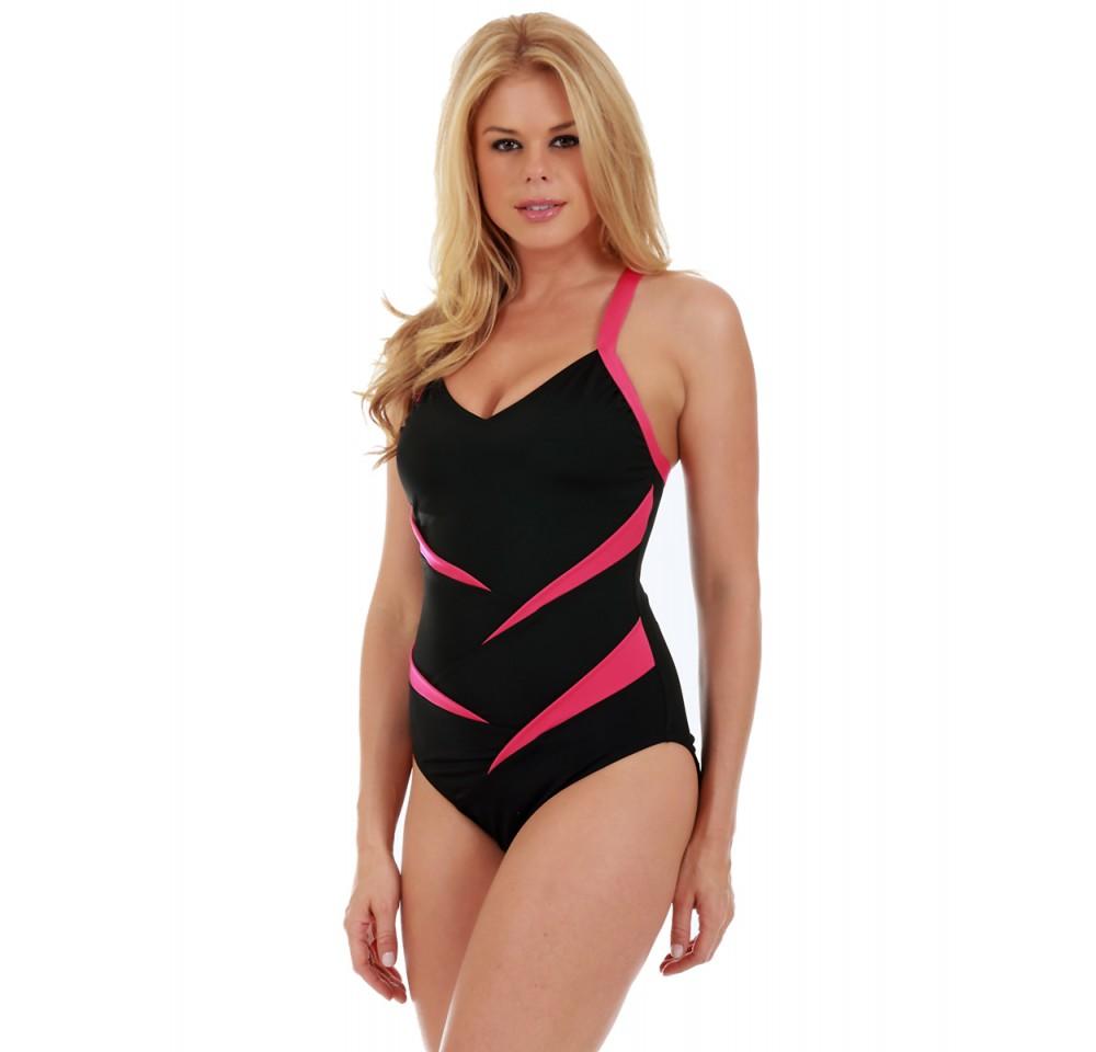 InstantFigure Two-Tone One Piece Swimsuit featuring a slimming design with a slight v-neckline and crisscross back.