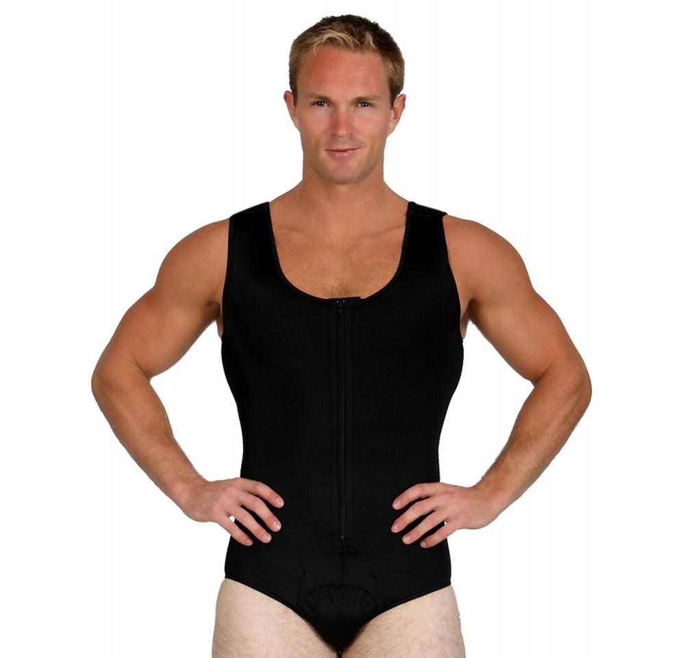 InstantRecoveryMD Men's Compression Post-Surgical Tank Bodysuit MD308 featuring Velcro shoulders and high waist elastic band for comfort and support.