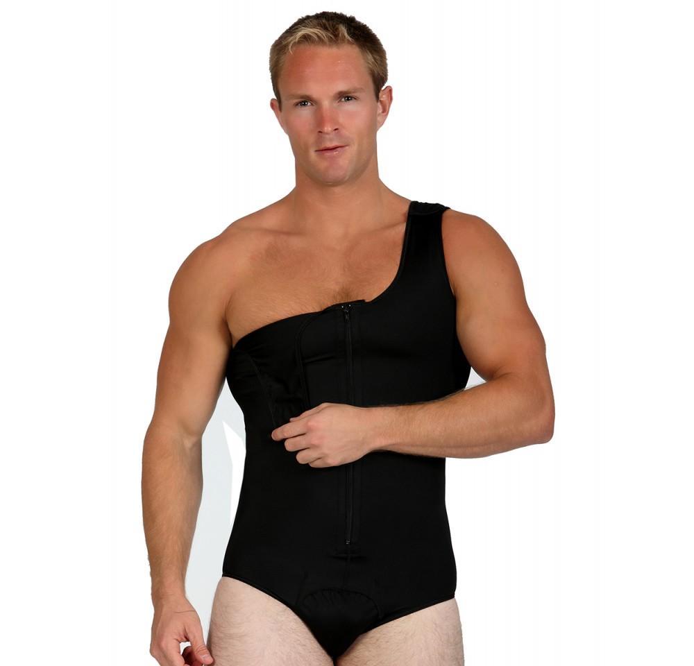 InstantRecoveryMD Men's Compression Post-Surgical Tank Bodysuit MD308 featuring Velcro shoulders and high waist elastic band for comfort and support.