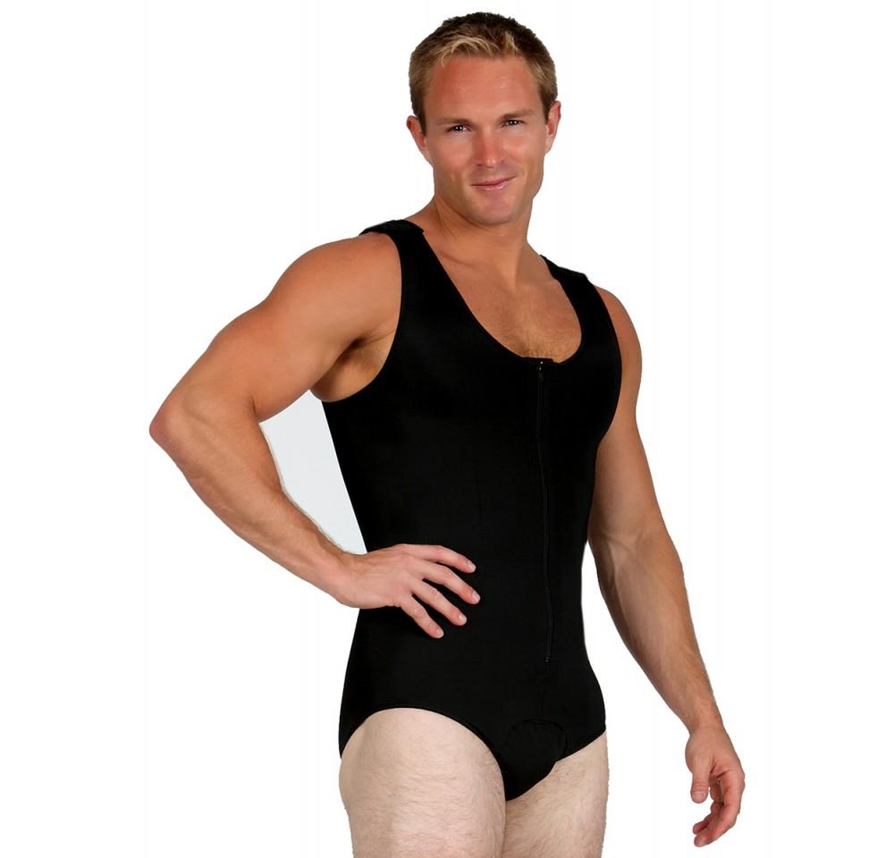 InstantRecoveryMD Men's Compression Post-Surgical Tank Bodysuit MD308 featuring Velcro shoulders and high waist elastic band for comfort and support.