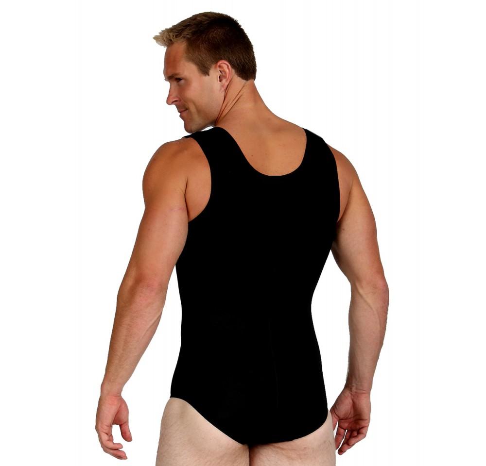 InstantRecoveryMD Men's Compression Post-Surgical Tank Bodysuit MD308 featuring Velcro shoulders and high waist elastic band for comfort and support.