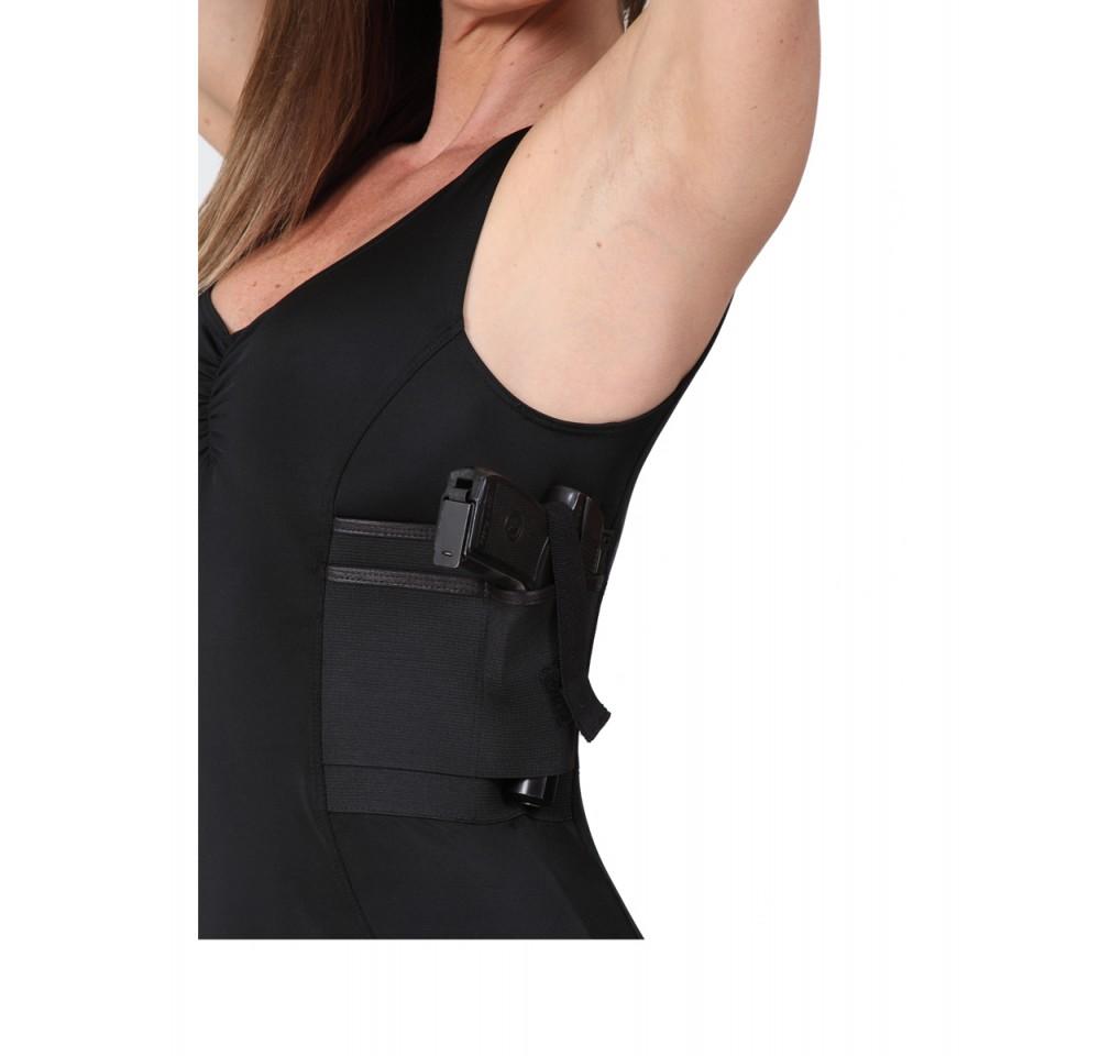 I.S.Pro Tactical Women's Concealed Carry Holster Tank Top in black, featuring dual holsters for firearms and a sleek, comfortable design.