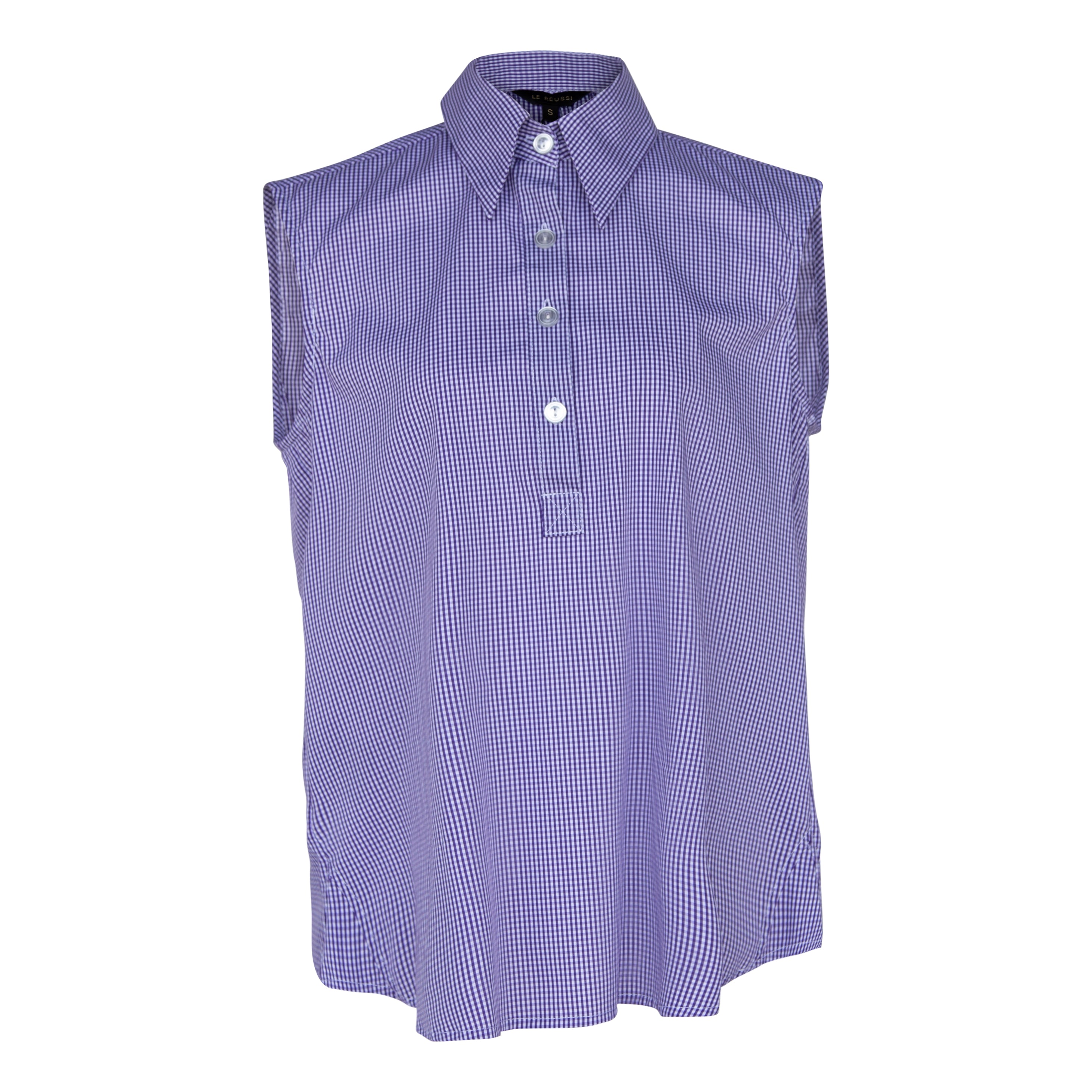 Elegant Italian Cotton Purple Sleeveless Shirt displayed on a mannequin, showcasing its vibrant color and tailored fit.