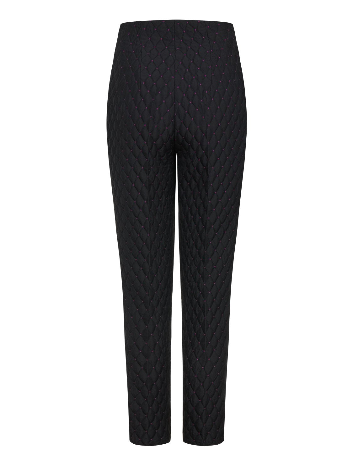 A pair of high-waisted jacquard pants featuring ribbed detail and a hidden zip closure on the left side, showcasing a stylish and modern design.