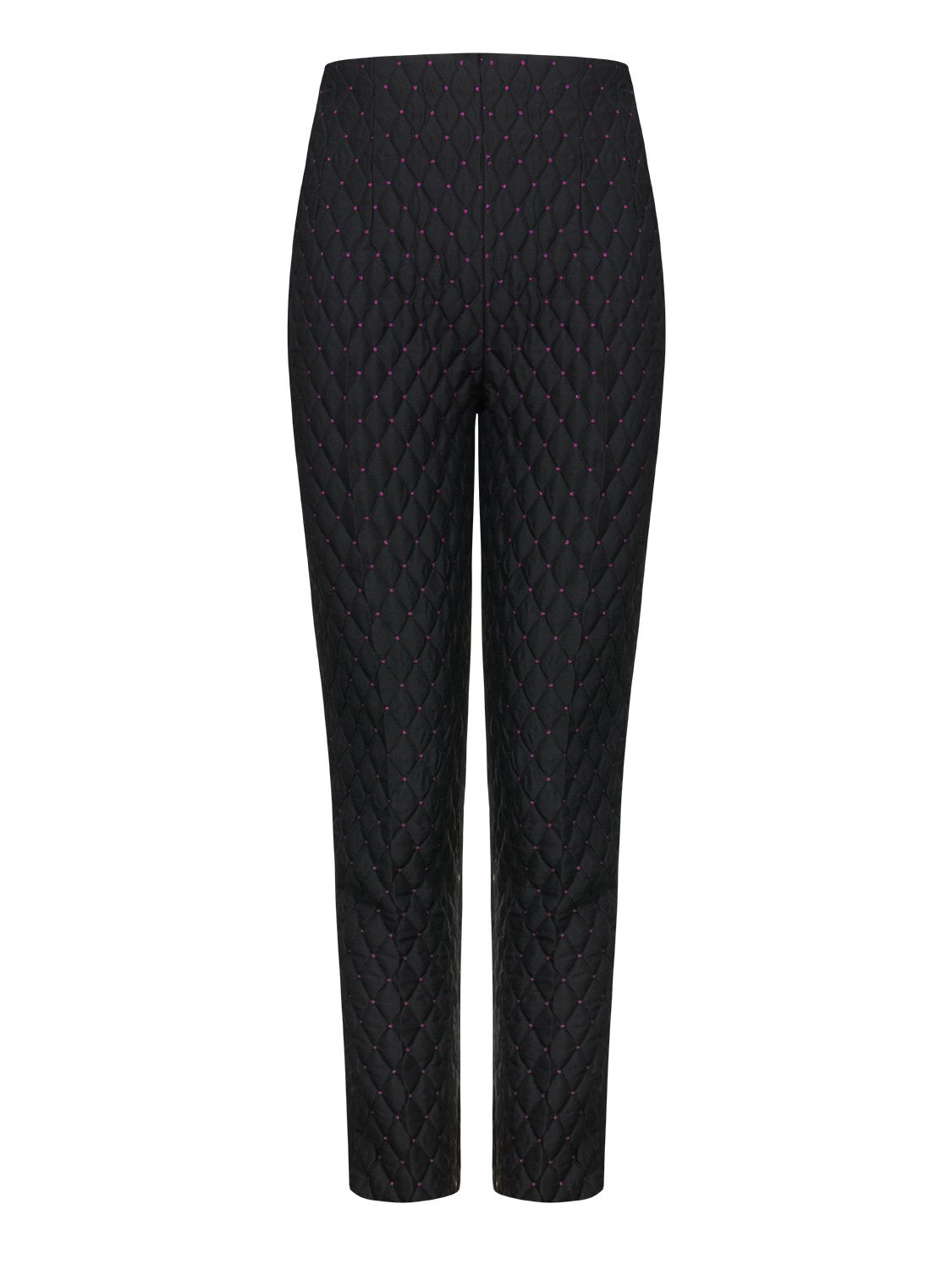 A pair of high-waisted jacquard pants featuring ribbed detail and a hidden zip closure on the left side, showcasing a stylish and modern design.