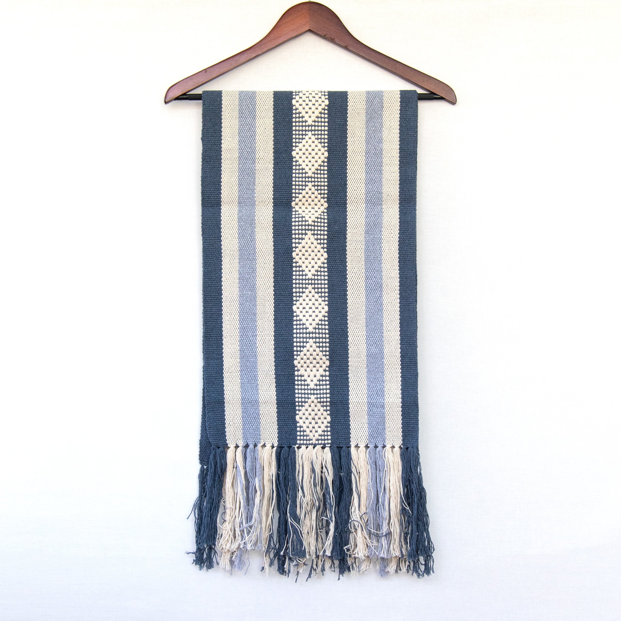 Jalieza Geometric Woven Table Runner featuring a diamond design in blue, handmade in Oaxaca, Mexico.