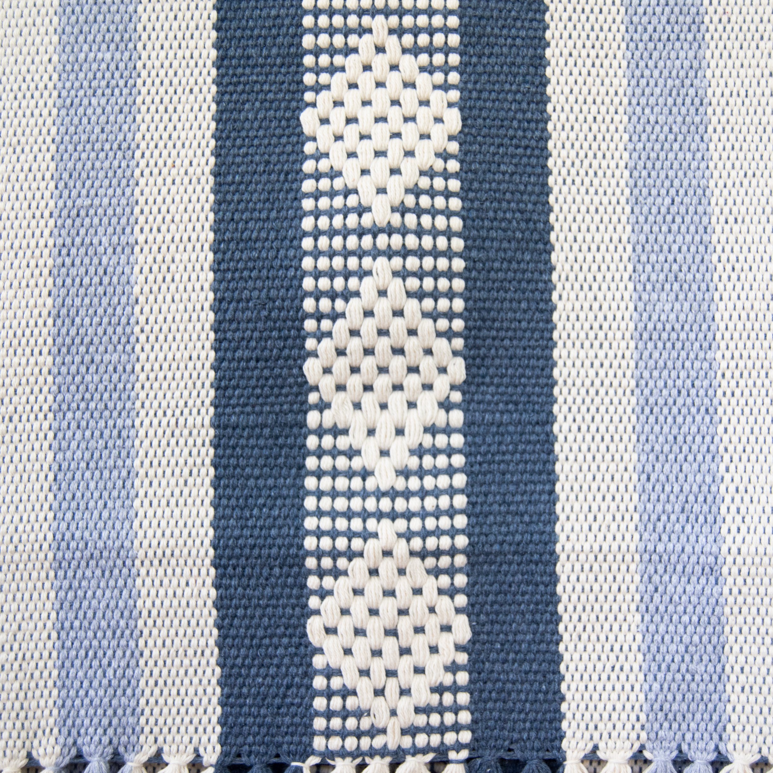 Jalieza Geometric Woven Table Runner featuring a diamond design in blue, handmade in Oaxaca, Mexico.