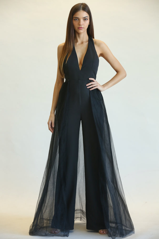 Jarka Halter Neckline Jumpsuit/Dress featuring a stylish halter neck, removable tulle skirt, and wide-leg pant fit.